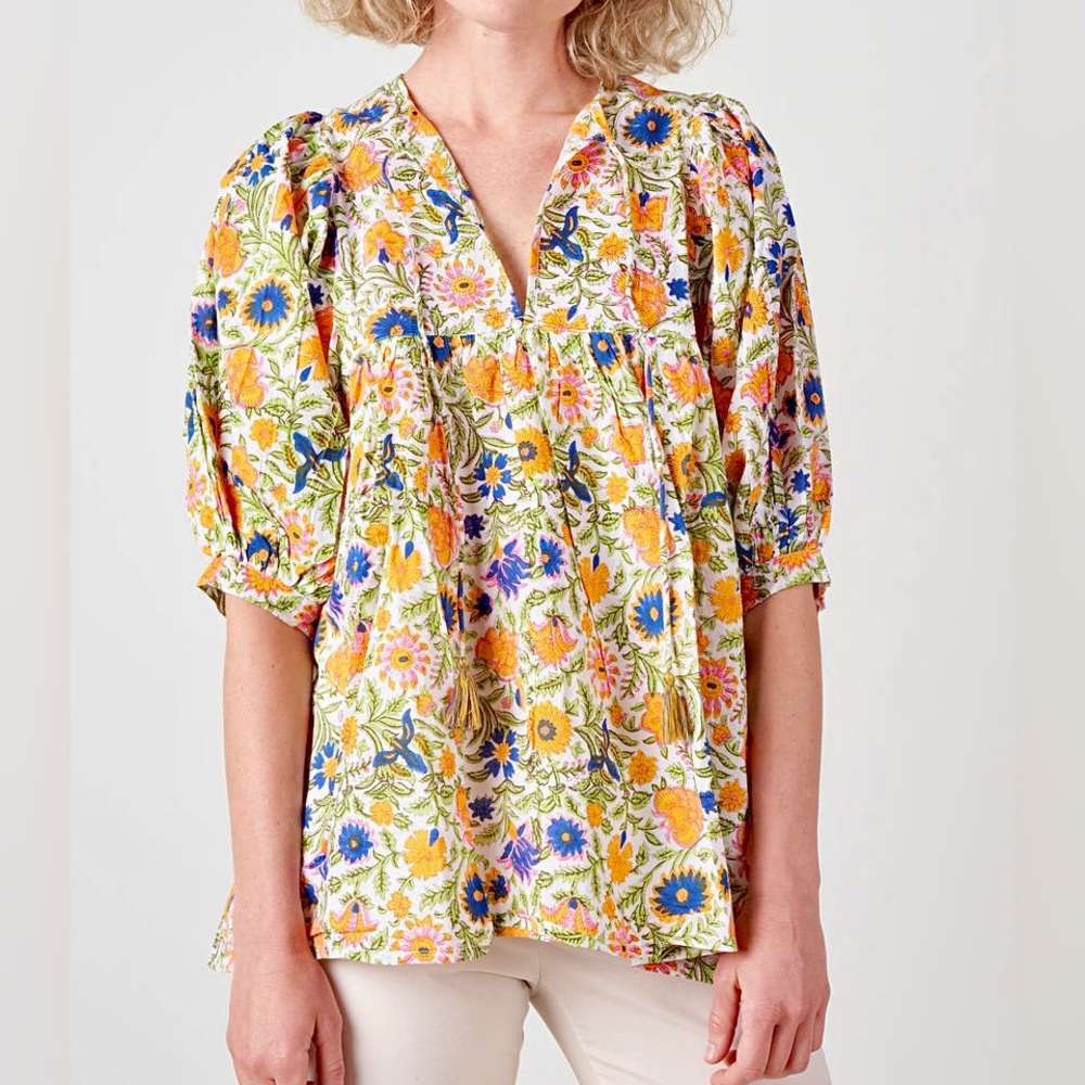 Mille Thalia Floral Puff Sleeve Tunic Top in Wildflower Womens Sz XS